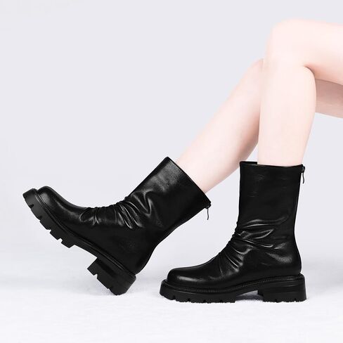 Women's Chunky Heel Platform Pleated Slouch Ankle Boots Round Toe Back Zipper Booties in Saudi Arabia