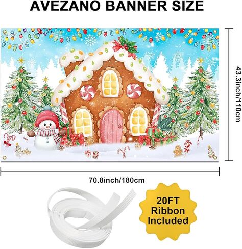 Avezano Christmas Gingerbread Backdrop Merry Christmas Gingerbread House Banner Winter Candyland Background for Birthday Baby Shower Xmas New Year Holiday Party Decoration (70.8x43.3inch) in Saudi Arabia