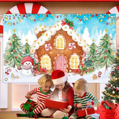 Avezano Christmas Gingerbread Backdrop Merry Christmas Gingerbread House Banner Winter Candyland Background for Birthday Baby Shower Xmas New Year Holiday Party Decoration (70.8x43.3inch) in Saudi Arabia