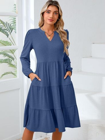 Womens V Neck Long Sleeve Midi Dress 2024 Fall Fashion Casual Loose Fit Flowy Swing Tiered Beach Vacation Dresses in Saudi Arabia