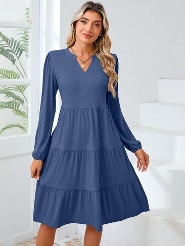 Womens V Neck Long Sleeve Midi Dress 2024 Fall Fashion Casual Loose Fit Flowy Swing Tiered Beach Vacation Dresses in Saudi Arabia