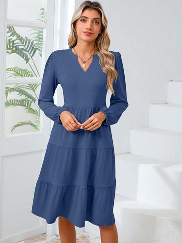 Womens V Neck Long Sleeve Midi Dress 2024 Fall Fashion Casual Loose Fit Flowy Swing Tiered Beach Vacation Dresses in Saudi Arabia