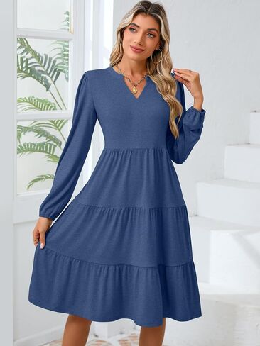 Womens V Neck Long Sleeve Midi Dress 2024 Fall Fashion Casual Loose Fit Flowy Swing Tiered Beach Vacation Dresses in Saudi Arabia