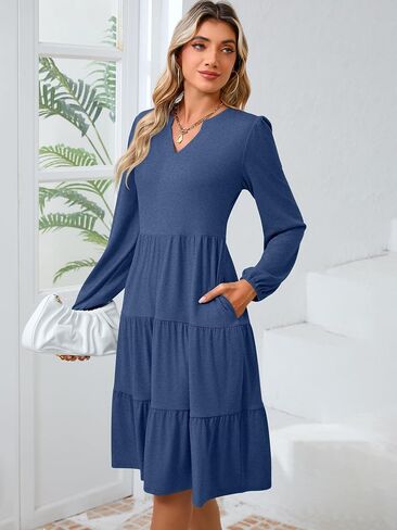 Womens V Neck Long Sleeve Midi Dress 2024 Fall Fashion Casual Loose Fit Flowy Swing Tiered Beach Vacation Dresses in Saudi Arabia