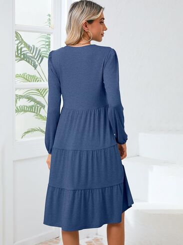 Womens V Neck Long Sleeve Midi Dress 2024 Fall Fashion Casual Loose Fit Flowy Swing Tiered Beach Vacation Dresses in Saudi Arabia