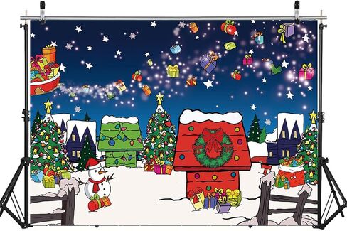 Christmas Red House Backdrop 7x5FT Comic Winter Xmas Tree Snow Night Kennel Photography Background for Family Kid Christmas Holiday Birthday Party Decoration Supplies Photo Props in Saudi Arabia