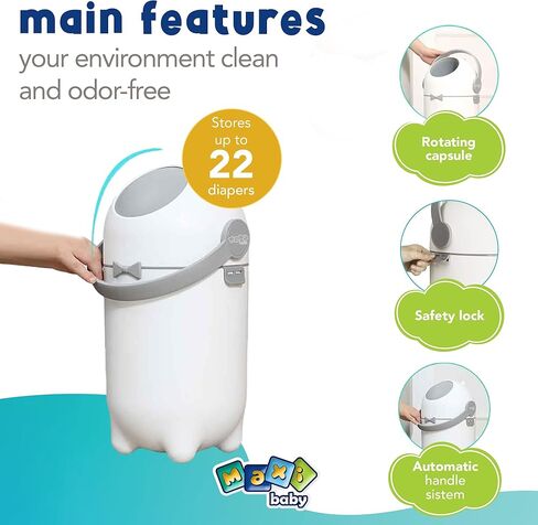 سطل الحفاضات - سلة مهملات الحفاضات السحرية - التخلص من الحفاضات للاستخدام المنزلي - استخدم أي حقيبة - متينة وعديمة الرائحة - أبيض - ماكسي بيبي in Kuwait