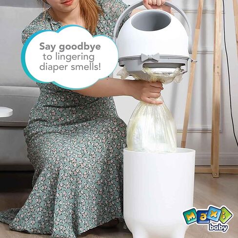 سطل الحفاضات - سلة مهملات الحفاضات السحرية - التخلص من الحفاضات للاستخدام المنزلي - استخدم أي حقيبة - متينة وعديمة الرائحة - أبيض - ماكسي بيبي in Kuwait