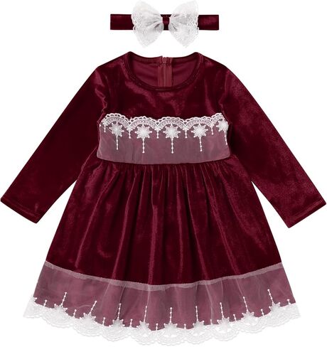 ODASDO Toddler Kid Baby Girl Velvet Dress Lace Floral Long Sleeve Princess Christmas Party Pageant Dress Fall Winter Clothes in Kuwait