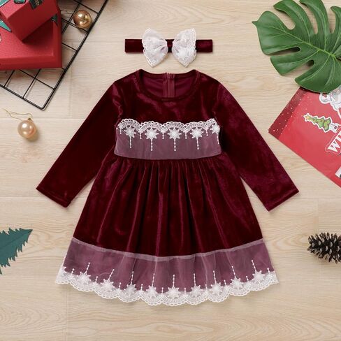 ODASDO Toddler Kid Baby Girl Velvet Dress Lace Floral Long Sleeve Princess Christmas Party Pageant Dress Fall Winter Clothes in Kuwait