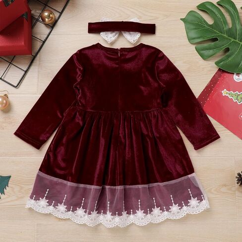 ODASDO Toddler Kid Baby Girl Velvet Dress Lace Floral Long Sleeve Princess Christmas Party Pageant Dress Fall Winter Clothes in Kuwait