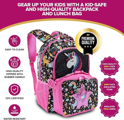 Decorably Backpack with Lunch Bag for Kids - 2Pc Set Sequined Girls Unicorn Backpack with Lunch Box with Star Unicorn Patch, Unicorn Backpack with Lunchbox Unicorn Backpack and Lunchbox in Saudi Arabia