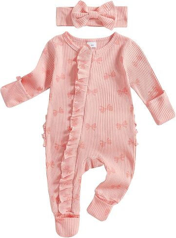 Baby Girl Newborn Clothes Fall Winter Hospital Coming Home Outfit Bow Long Sleeve Romper Zipper Onesie Jumpsuit in Kuwait