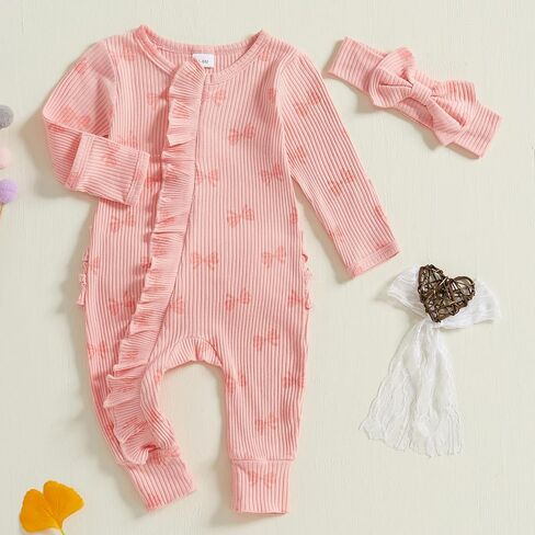 Baby Girl Newborn Clothes Fall Winter Hospital Coming Home Outfit Bow Long Sleeve Romper Zipper Onesie Jumpsuit in Kuwait