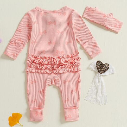 Baby Girl Newborn Clothes Fall Winter Hospital Coming Home Outfit Bow Long Sleeve Romper Zipper Onesie Jumpsuit in Kuwait