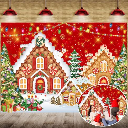 Christmas Gingerbread House Backdrop 7x5FT Red Merry Christmas Candyland Background Winter Christmas Holiday Baby Shower Birthday Party Decorations Supplies Photo Props ﻿ in Saudi Arabia