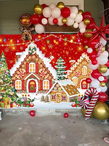 Christmas Gingerbread House Backdrop 7x5FT Red Merry Christmas Candyland Background Winter Christmas Holiday Baby Shower Birthday Party Decorations Supplies Photo Props ﻿ in Saudi Arabia