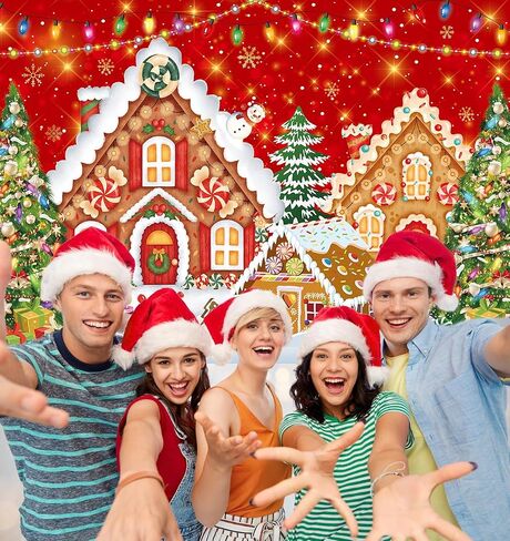 Christmas Gingerbread House Backdrop 7x5FT Red Merry Christmas Candyland Background Winter Christmas Holiday Baby Shower Birthday Party Decorations Supplies Photo Props ﻿ in Saudi Arabia
