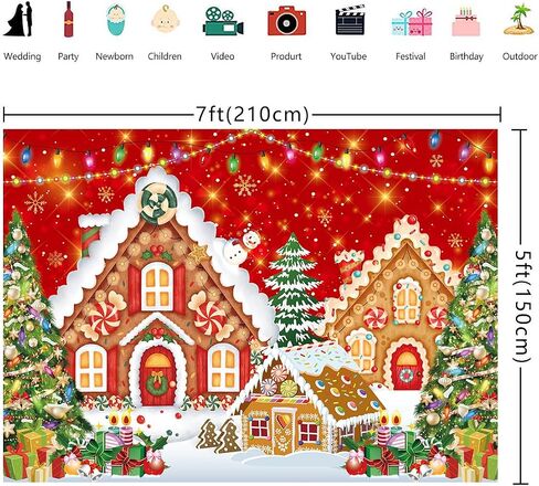 Christmas Gingerbread House Backdrop 7x5FT Red Merry Christmas Candyland Background Winter Christmas Holiday Baby Shower Birthday Party Decorations Supplies Photo Props ﻿ in Saudi Arabia
