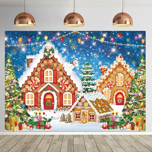 Christmas Gingerbread House Backdrop 7x5FT Red Merry Christmas Candyland Background Winter Christmas Holiday Baby Shower Birthday Party Decorations Supplies Photo Props ﻿ in Saudi Arabia