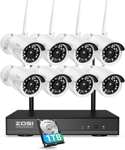 ZOSI 8CH 2K WiFi Security Cameras System Outdoor with 1TB HDD, 8Pcs Weatherproof Plug-in Cameras, Night Vision, Smart Motion Detection, 2K H.265+ 8 Channel Home Surveillance NVR for 24/7 Recording in Saudi Arabia