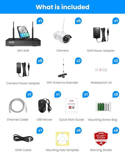 ZOSI 8CH 2K WiFi Security Cameras System Outdoor with 1TB HDD, 8Pcs Weatherproof Plug-in Cameras, Night Vision, Smart Motion Detection, 2K H.265+ 8 Channel Home Surveillance NVR for 24/7 Recording in Saudi Arabia