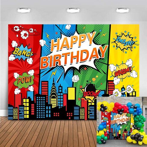 7X5FT Cartoon Superhero Theme Background Super City Comic Skyline Happy Birthday Party Decorations for Childrens Boys Birthday Cityscape Super Heros Photography Backdrop in Kuwait