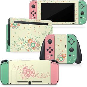 Tacky Design Flowery Skin Compatible with Nintendo Switch Skin Wrap Cover, Green and Pink Skin for Nintendo Switch Stickers, Premium Vinyl 3M Full Wrap Decal, Compatible with Joy-Con, Console, Dock