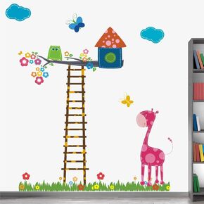' Giraffe - Butterfly - Height Chart - Cartoon - Tree House - Ladder - Kids - Baby - Play - School - Nursery - Wall Sticker ' - WS052 (PVC Vinyl - 100 cm X 120 cm)