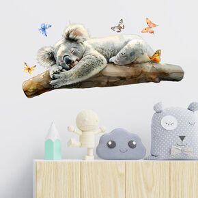 Lifelike Sleeping Koala with Butterflies Wall Decal Nursery Animal Wall Sticker Removable Peel and Stick Wall Art Decor for Kid Baby Classroom Preschool Living Room Playroom Bedroom School