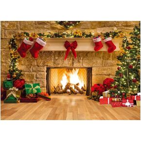 7X5FT Christmas Photography Backdrop Fireplace Decoration Christmas Tree Backdrop Photography Studio Backdrop Christmas Party Banner Vinyl Background DH-129