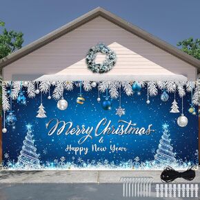 Tatuo Christmas Garage Door Banner Cover 7x16 ft Large Blue Merry Christmas Garage Decoration Happy New Year Snowflake Xmas Tree Wonderland Sliver Ball Backdrop for Winter Holiday Party Supplies