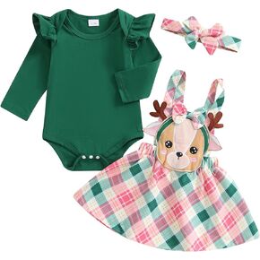 Baby Girl Christmas Outfit Ruffle Long Sleeve Romper + Santa Claus/Gingerbread Man/Striped Suspender Skirts + Headband Set