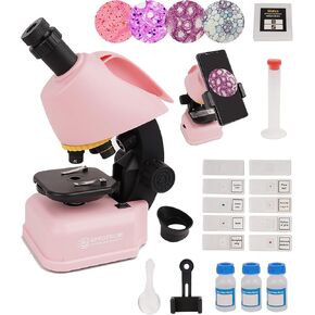 SpectrumOI Pink Microscope for Adults and Kids,40X - 640X Compound Microscope for Beginner 8-12, Kids Microscope with 8 Spicemen Slides, Microscope kit for Kids
