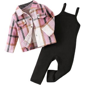 MakeMeChic Baby-girls Cute Fall Outfits Plaid Jacket Button Down Shirt Jumpsuit Pants Set