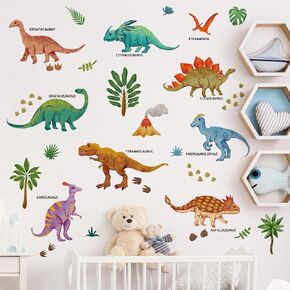 Removable 3D Dinosaur Wall Stickers DIY Peel and Stick Dinosaur Palm Tree Stickers Watercolor Dinosaur Educational Wall Art Decal for Boys Bedroom Nursery Classroom Living Room Decorations