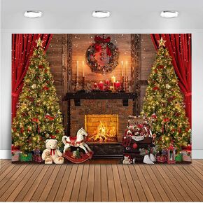 Mocsicka 10x8ft Christmas Backdrops for Photography Vintage Christmas Fireplace Xmas Tree Toy Bear Merrt Christmas Backdrop for Family Holiday Party Supplies Photo Background