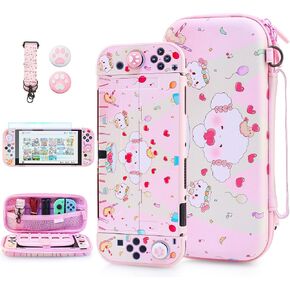 FUNDIARY Cute Elf Carrying Case Compatible with Nintendo Switch, Pink Accessories Bundle with Shockproof Travel Case, Soft TPU Dockable Cover Skin, HD Screen Protector, Shoulder Strap and 2 Thumb Caps