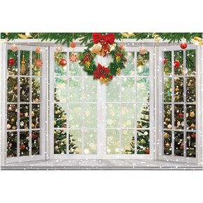 Funnytree 7x5ft Christmas Photography Backdrop Window Sill Winter Xmas Wonderland Background Merry Santa Trees Gold Baby Kids Party Decor Portrait Cake Table Banner Photo Studio Props