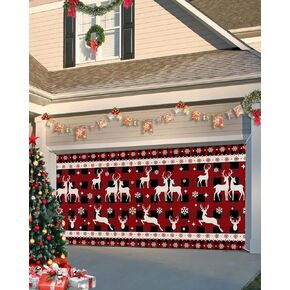 Christmas Garage Door Banner Cover 7 x 16 ft, Christmas Snowman Xmas Tree Red Black Buffalo Plaid Christmas Garage Door Decorations Holiday Christmas Backdrop Decor for Winter New Year Xmas Party