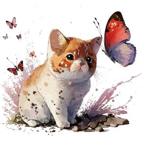 Adorable Watercolor Cat Butterfly Wall Stickers, Cute Lovely Animal Decor Decals, Vinyl Waterproof Peel Removable Murals for Nursery Kids Baby Room Bathroom Toilet Playroom Furniture Classroom