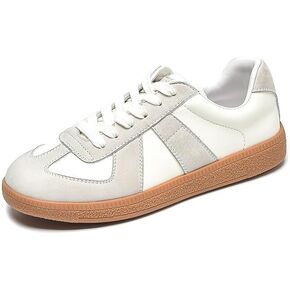 BEAU TODAY Retro Trainer Platform Sneakers for Women-Classic OG Sneaker Leather Walking Shoes with Patchwork Design Beige-Grey US 5.5