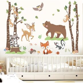 wondever Woodland Animal Tree Wall Stickers Bear Fox Deer Raccoon Peel and Stick Wall Art Decals for Baby Nursery Kids Bedroom Living Room