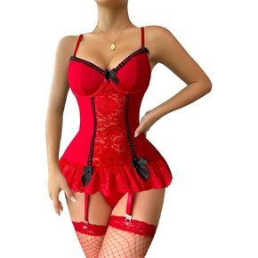 Lilosy Sexy Bows Ruffle Bustier Corset Underwire Push Up Floral Lace Mesh Sheer Babydoll Maid Lingerie Women Teddy Bodysuit Set Nightshirt Boudoir Outfits Garter 3 Piece Black and White X-Large in Kuwait