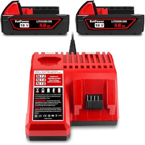 BatPower 2 Pack 18V 4.0AH 48-11-1820 Compact Battery with Charger Kit Replacement for Milwaukee 18V M18 Battery and Charger 48-59-1812 XC 2.0 AH 1.5 Ah 3.0 Ah 18V Lithium Battery and Charger Combo