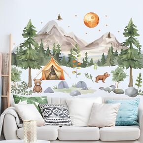 2 Sheets Removable Cartoon Forest Animals Bear Wall Decals DIY Mountain Tree Wall Decals Pine Tree Wall Decals Vinyl Sun Wall Decals Flying Birds Art Decor for Nursery Kids Room Bedroom Decor