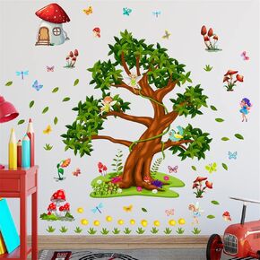Green Tree Wall Decals Magic Forest Wall Stickers for Kids Butterfly Elves Mushrooms Room Decor Removable Peel and Stick Girls Bedroom Toyroom Nursery Wall Art Decoration