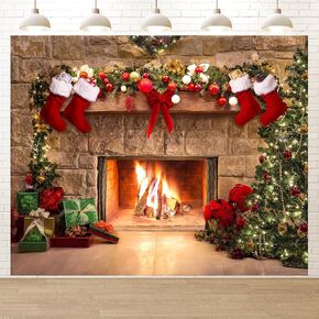 7x5ft Christmas Fireplace Backdrop Christmas Photography Background Tree Sock Gift Decoration Banner for Xmas Party Photoshoot Indoor Decor Photo Booth Props Reusable and Washable