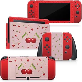 Tacky Design Cherries Skin Compatible with Nintendo Switch Skin Wrap Cover, Pastel Red Color Skin for Nintendo Switch Stickers, Premium Vinyl 3M Full Wrap Decal, Compatible with Joy-Con, Console, Dock