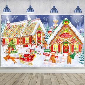 Christmas Gingerbread Banner Decorations, Large Gingerbread House Banner Santa Candy Photo Booth Props Background Merry Christmas Holiday Wall Decoration Winter Gingerbread Party Supplies